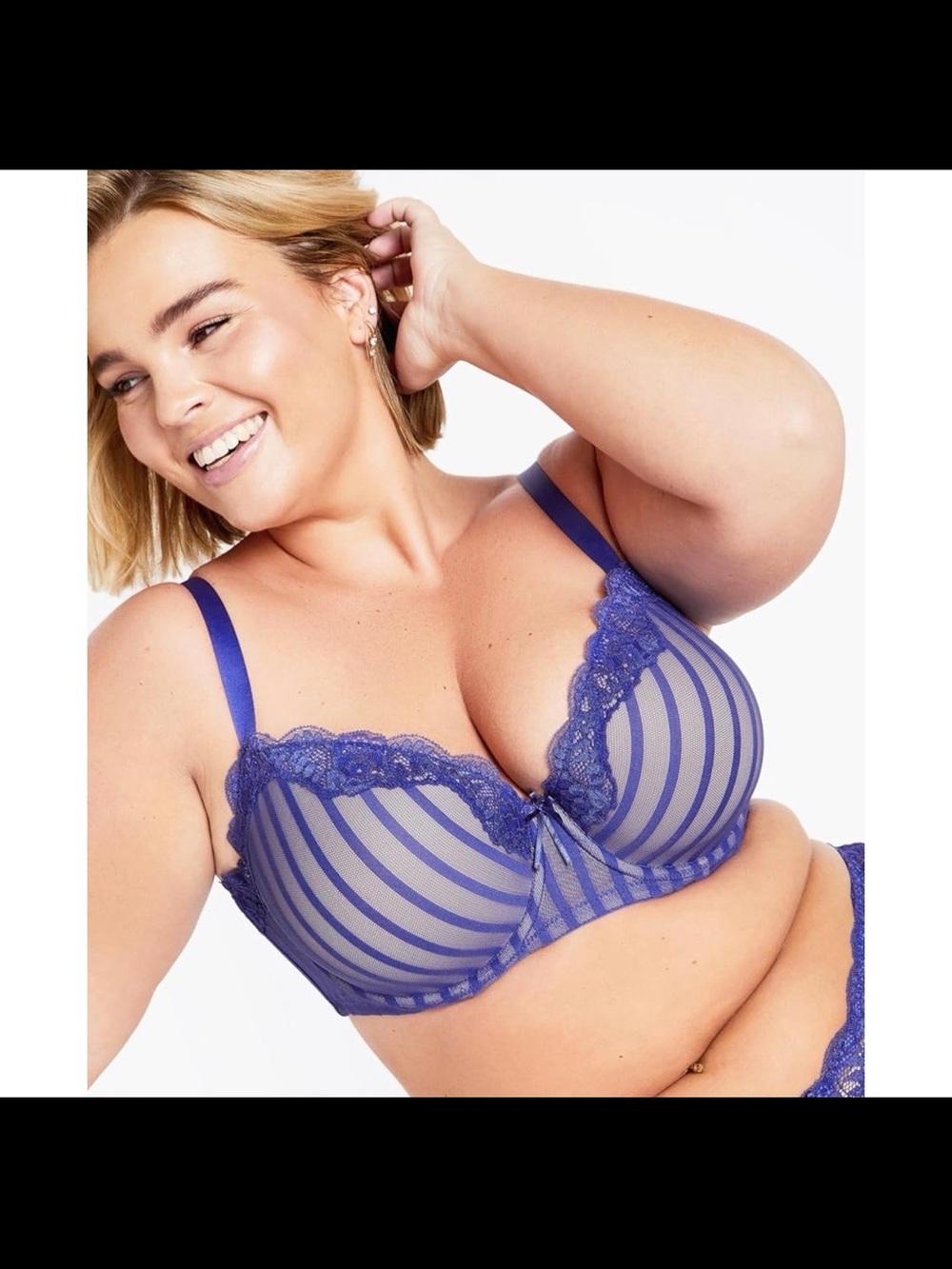 City Chic Striped Lace-Trim Bra in Periwinkle Blue
